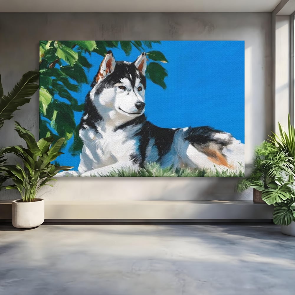 Tablou canvas cu tablou canvas cu husky sub copac, fara rama, pe sasiu de lemn
